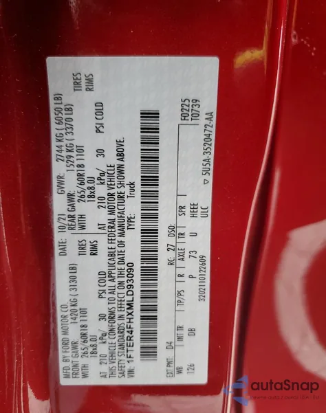 2021 Ford Ranger Xl из США, поврежденный, VIN 1FTER4FHXMLD93090